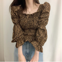 Autumn Vintage Classy Square Neck Puff Sleeve Top Pleated Feel Trendy Leopard Print Age