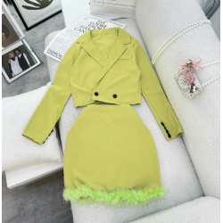 A Set Of Buttery Green Long Sleeve vest With Short Skirt With Fur Combination, Unique And Luxurious Female Fashion Set For A Walk